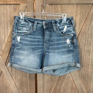 Silver Denim Blue Distressed Boyfriend Jean Shorts 27 waist 4.5” inseam